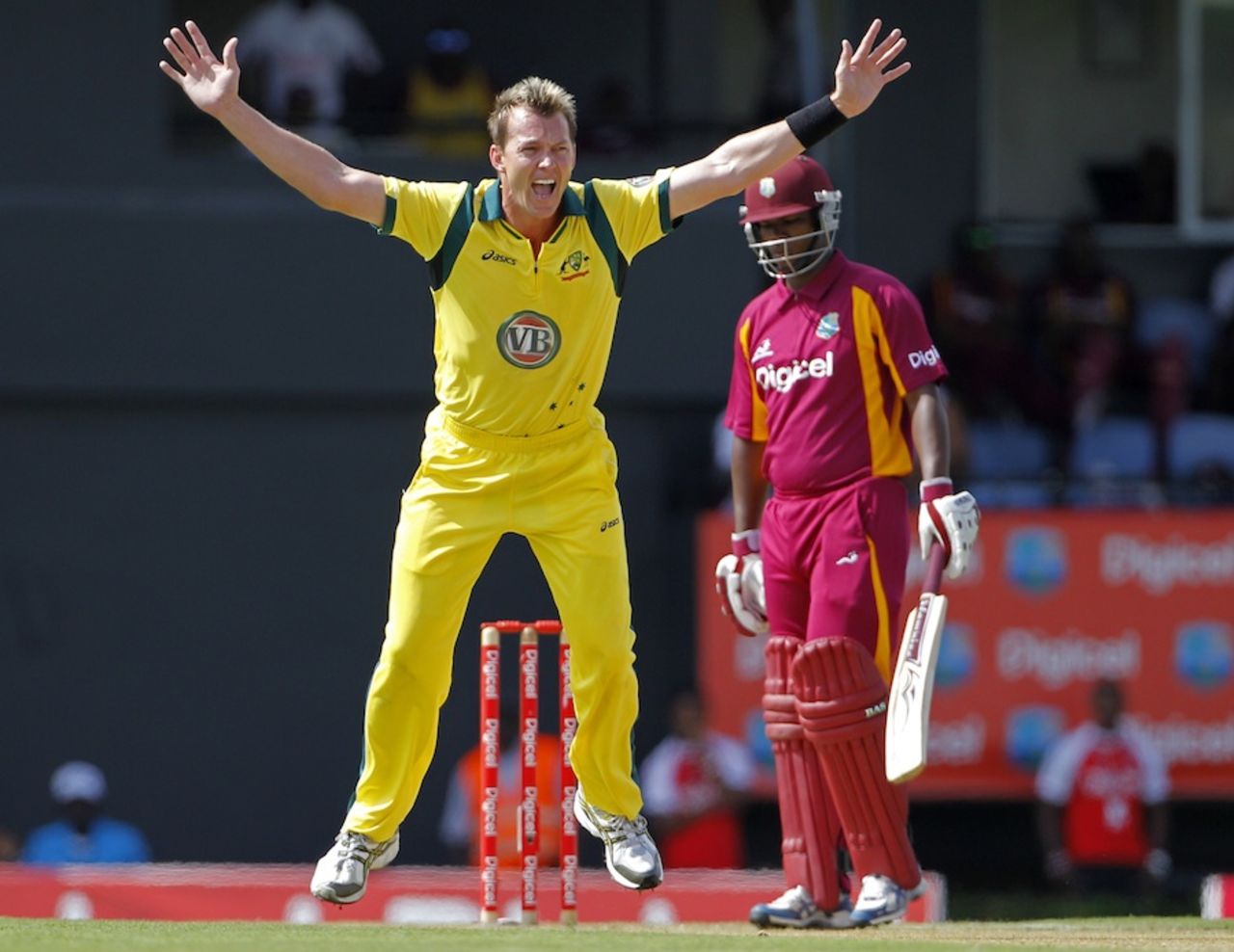 Brett Lee appeals unsuccessfully for lbw against Johnson Charles, West Indies v Australia, 4th ODI, Gros Islet, March 23, 2012