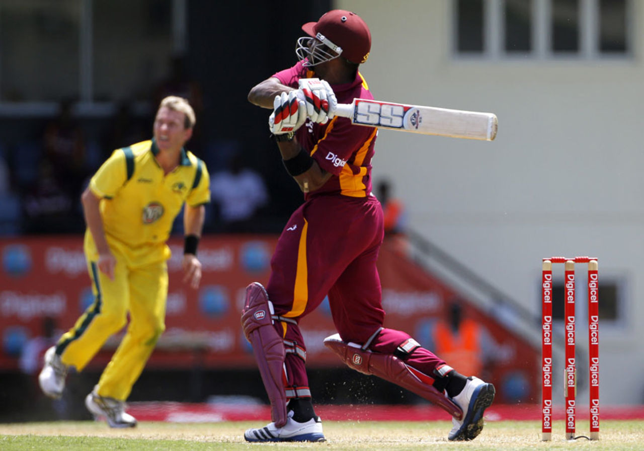 Kieron Pollard smashes Brett Lee for six to reach his hundred, West Indies v Australia, 4th ODI, Gros Islet, March 23, 2012