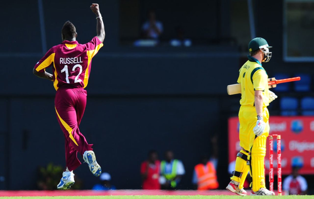 Andre Russell celebrates his dismissal of George Bailey, West Indies v Australia, 4th ODI, Gros Islet, March 23, 2012