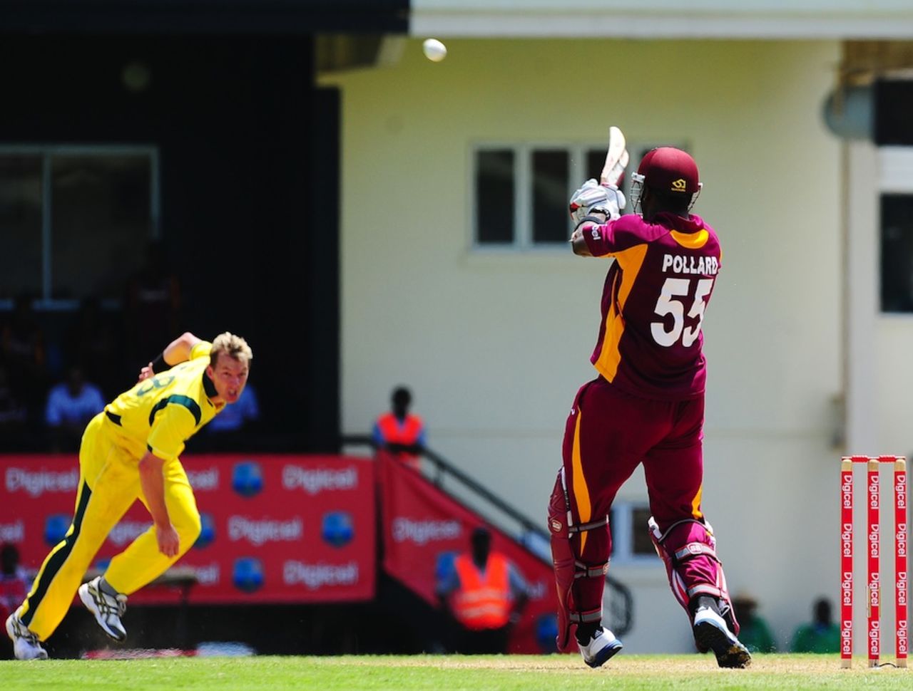 Kieron Pollard carts Brett Lee for a six to bring up his hundred, West Indies v Australia, 4th ODI, Gros Islet, March 23, 2012