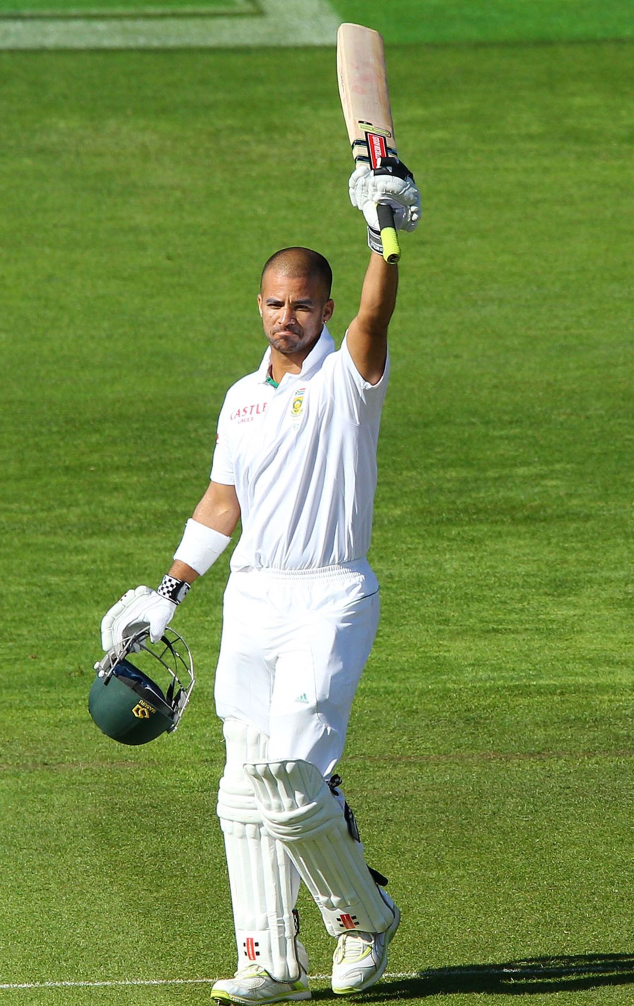 JP Duminy raises his bat after reaching his century, New Zealand v South Africa, 3rd Test, Wellington, 3rd day, March 25, 2012