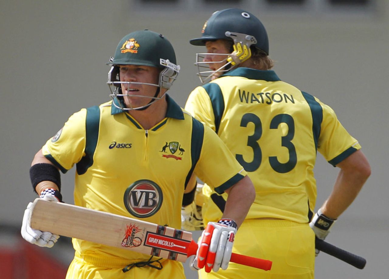 David Warner and Shane Watson run between the wickets, West Indies v Australia, 5th ODI, Gros Islet, March 25, 2012