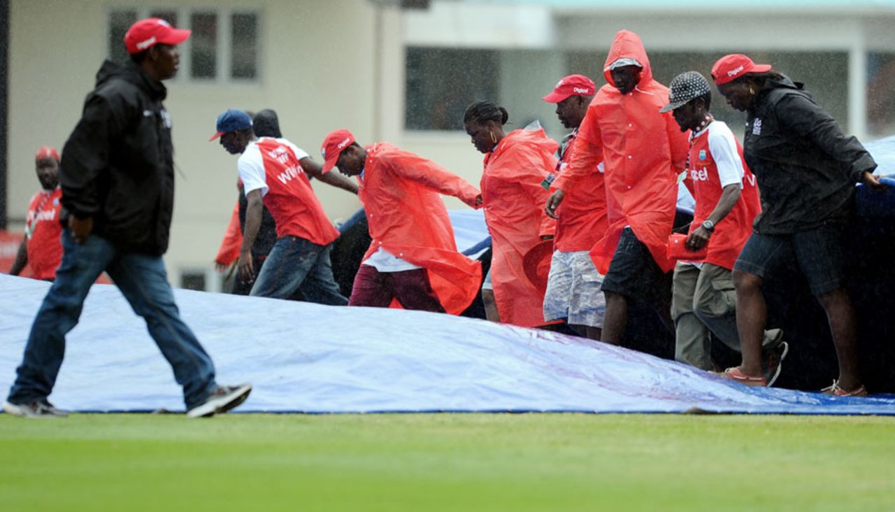The covers come on at the Beausejour stadium, West Indies v Australia, 5th ODI, Gros Islet, March 25, 2012