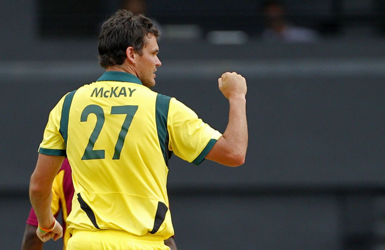 Clint McKay raises a clenched fist after having Darren Bravo caught behind, 5th ODI, Gros Islet, March 25, 2012