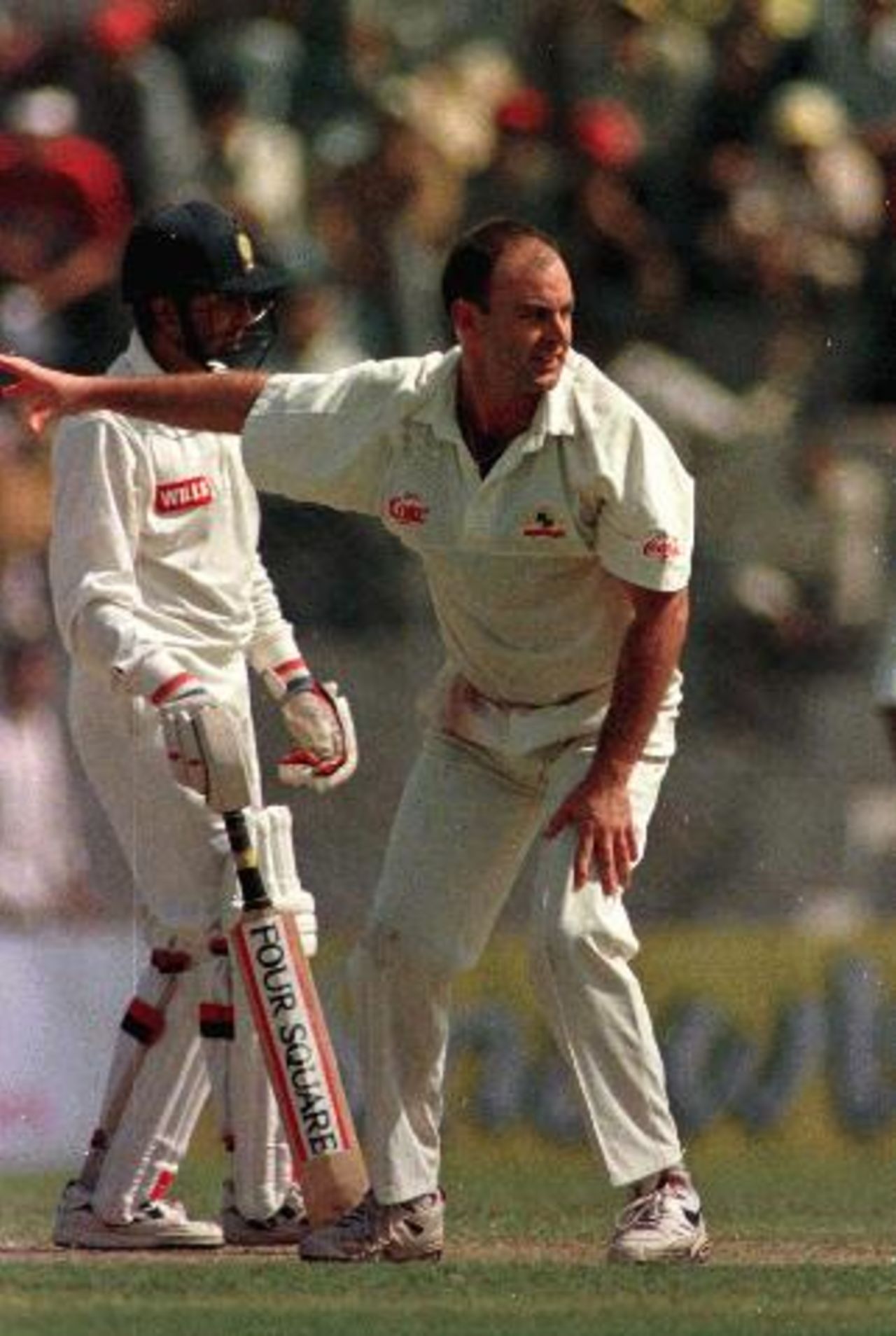 Peter McIntyre gives a subdued appeal on day two of the 1996-97 India vs Australia Test at New Delhi. His second career Test.