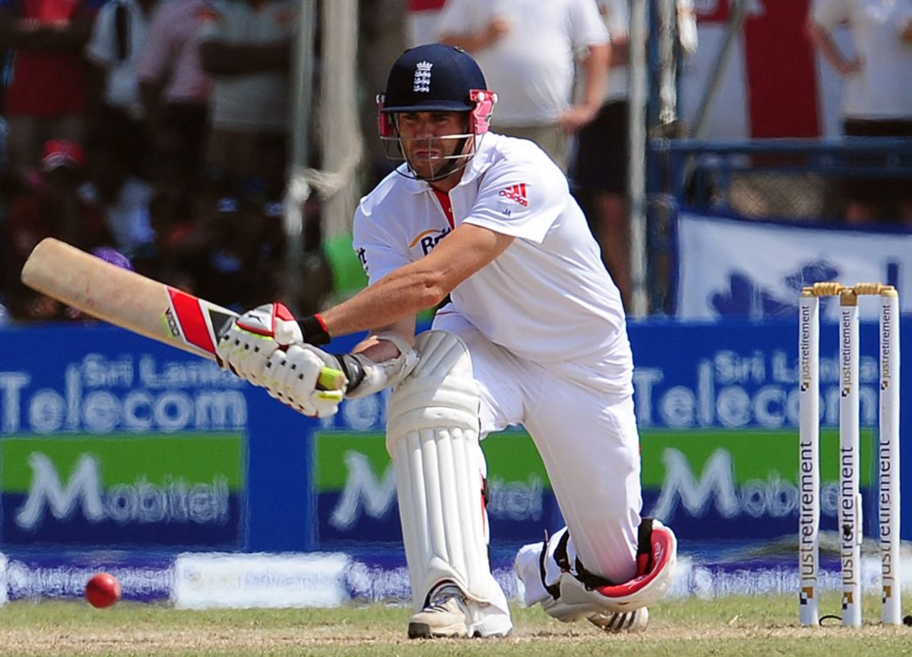 James Anderson reverse sweeps as he and Monty Panesar add 36 for the tenth wicket, Sri Lanka v England, 1st Test, Galle, 2nd day, March 27, 2012