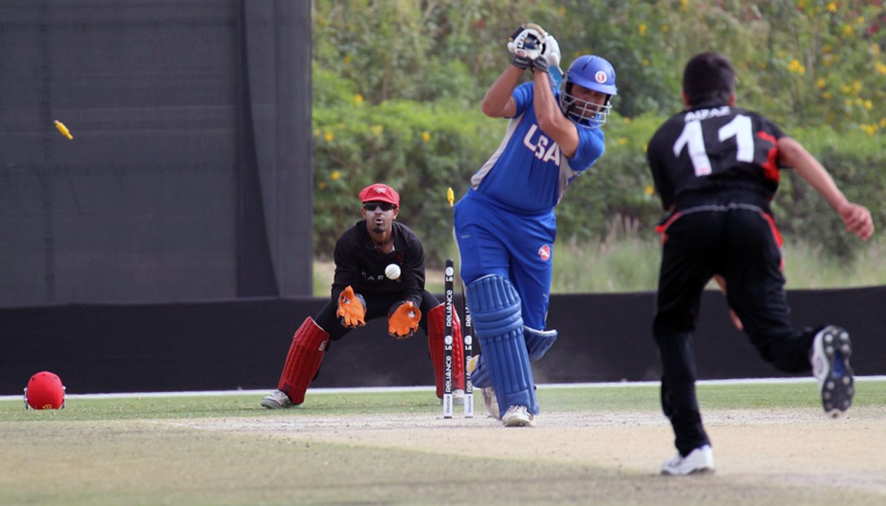 USA skipper Sushil Nadkarni is bowled by Aizaz Khan during the 11th place play-off final at the ICC World Twenty20 Qualifier played at the ICC Global Cricket Academy on 23rd March 2012