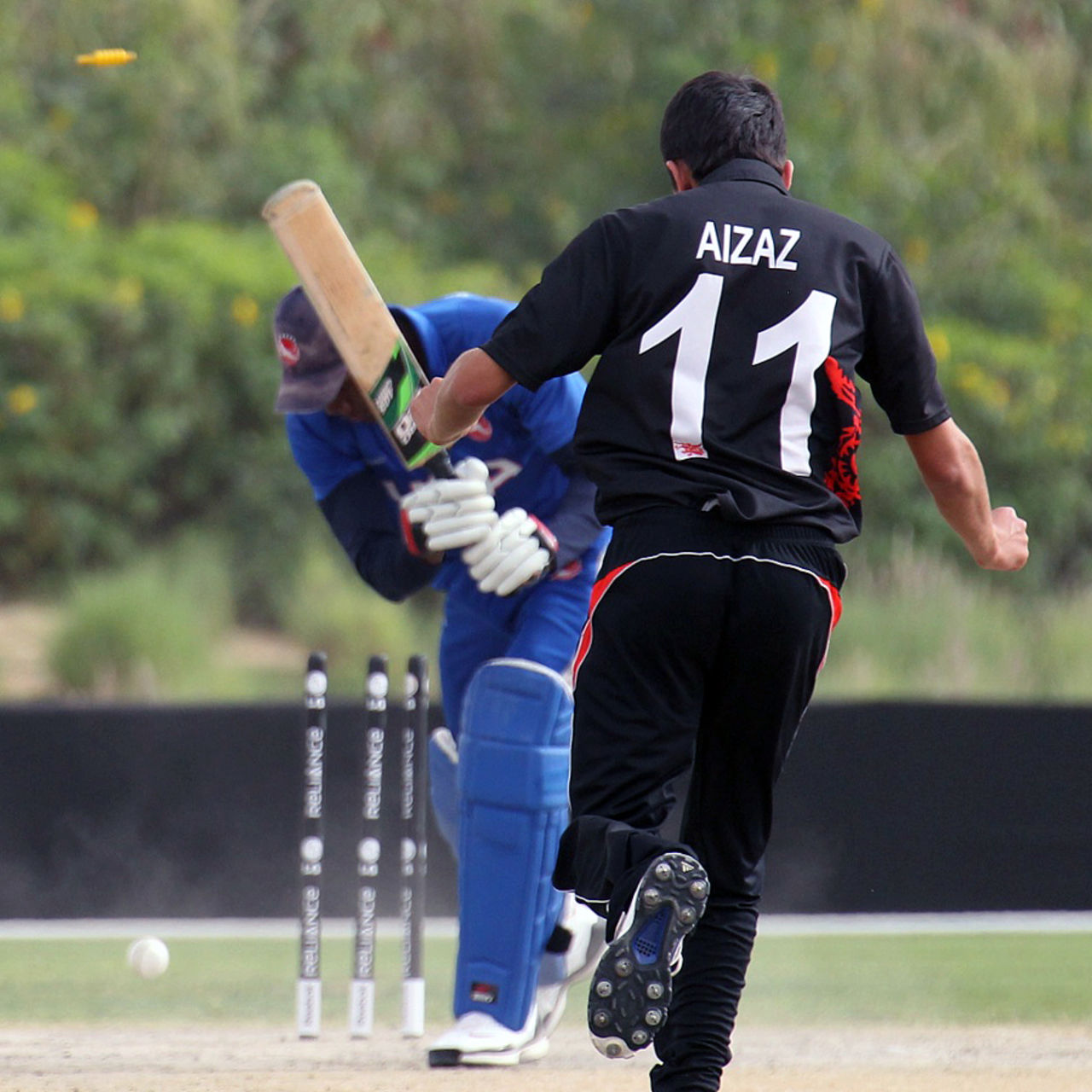 Aizaz Khan's brilliant spell of 5-25 included the wicket of Elmore Hutchinson during the ICC World Twenty20 Qualifier 11th Place Play-off match between Hong Kong and USA played at the ICC Global Cricket Academy ground in Dubai on 23rd March 2012