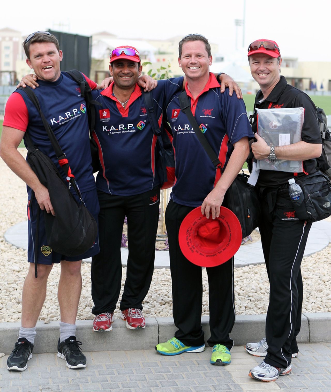 Hong Kong's Coaching/Management team in Dubai for the ICC World Twenty20 Qualifier - Lou Vincent, Jawaid Iqbal, Charlie Burke and Travis Pittman