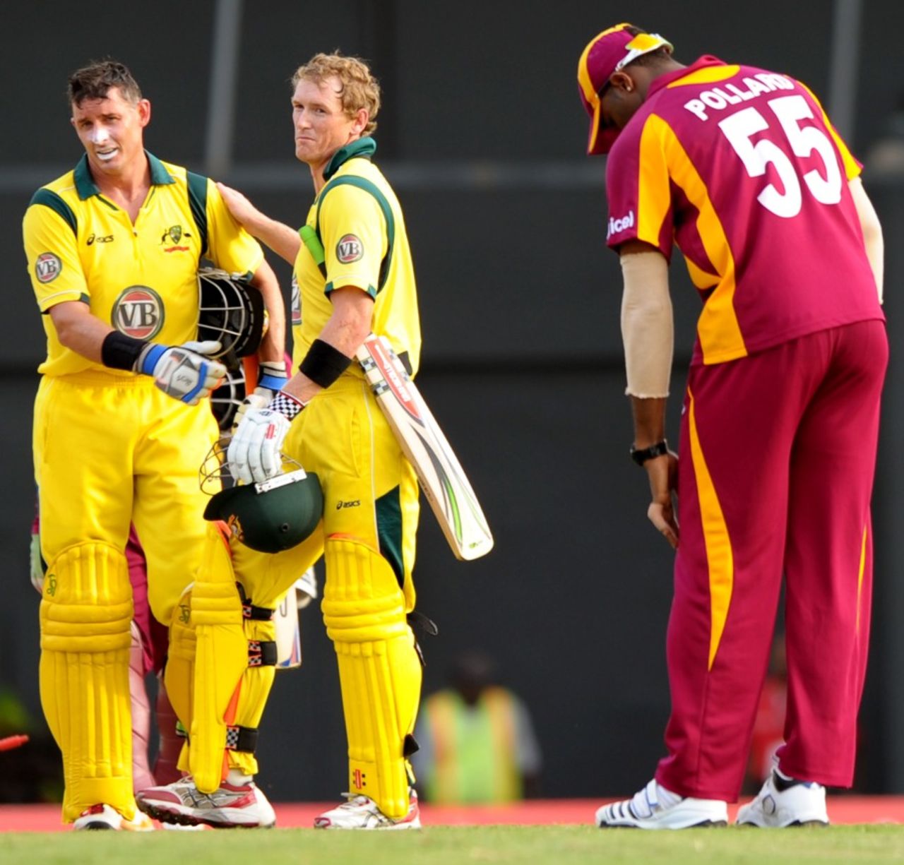 Michael Hussey and George Bailey after securing the win, West Indies v Australia, 1st Twenty20, St Lucia