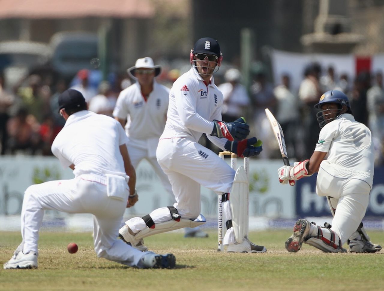 Suraj Randiv bottom edges a sweep past Matt Prior, Sri Lanka v England, 1st Test, Galle, 3rd day, March 28, 2012