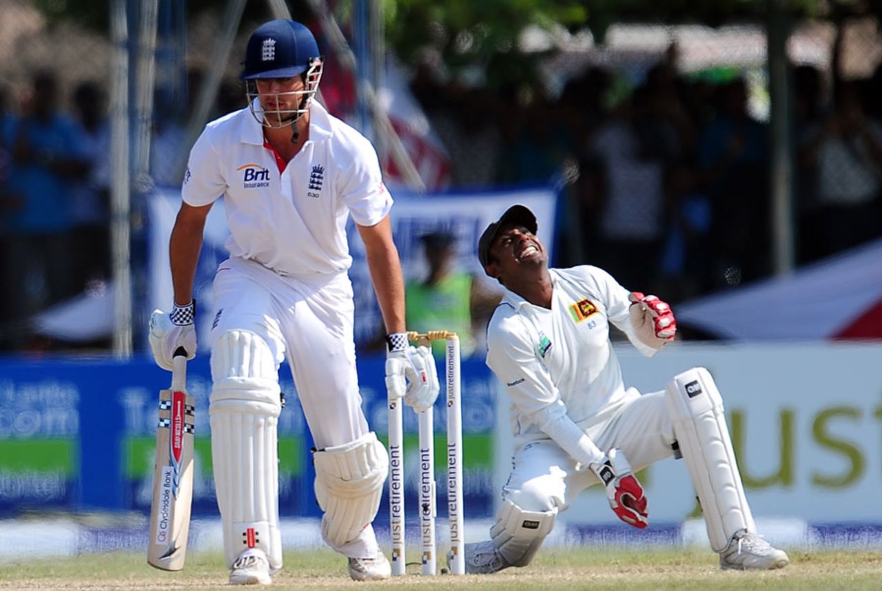 Prasanna Jayawardene takes the catch to remove Alastair Cook, Sri Lanka v England, 1st Test, Galle, 3rd day, March 28, 2012