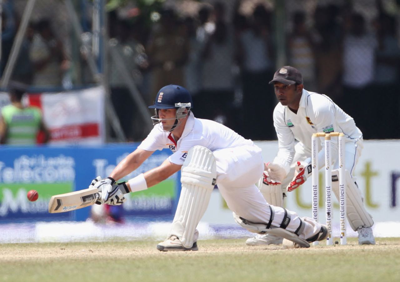 Jonathan Trott reverse sweeps as he tries to lead England's chase, Sri Lanka v England, 1st Test, Galle, 4th day, March 29, 2012