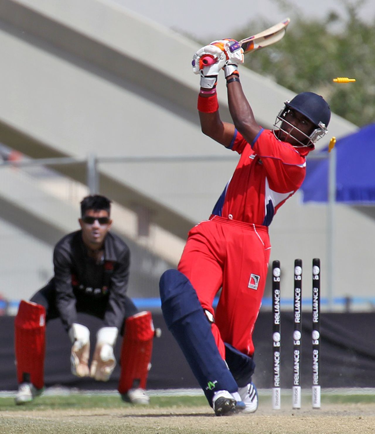 Bermuda's Kamau Leverock is bowled by Irfan Ahmed during the Group A, ICC World Twenty20 Qualifier match between Hong Kong and Bermuda played at the ICC GCA2 ground in Dubai on 14th March 2012 