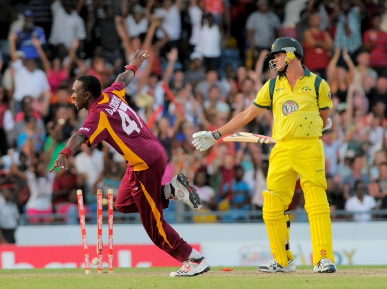 Dwayne Bravo celebrates after bowling Clint McKay, West Indies v Australia, 2nd Twenty20, Bridgetown, March 30, 2012