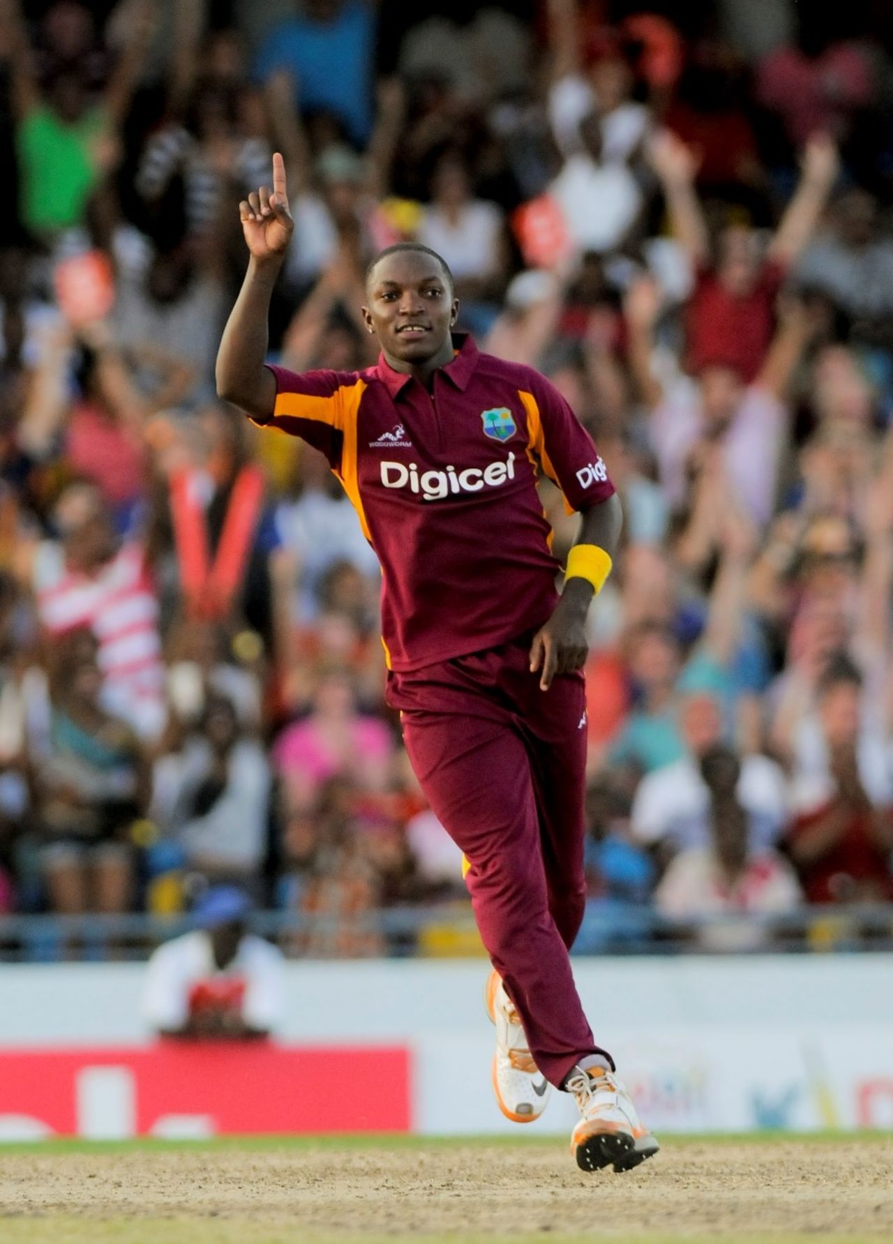 Fidel Edwards celebrates one of his three wickets, West Indies v Australia, 2nd Twenty20, Bridgetown, March 30, 2012