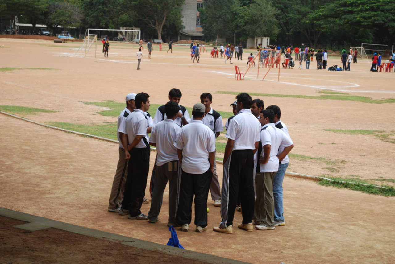 One of the participating teams in a team meeting ahead of their match during the corporate cricket tournament organised at . John's Hospital Grounds, Bengaluru. Submitted by <b>Sandeep Shetty</b>