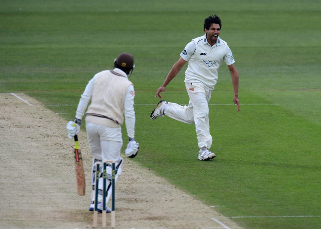 Amjad Khan bowls Chris Jordan, Surrey v Sussex, Oval, March, 5, 2012