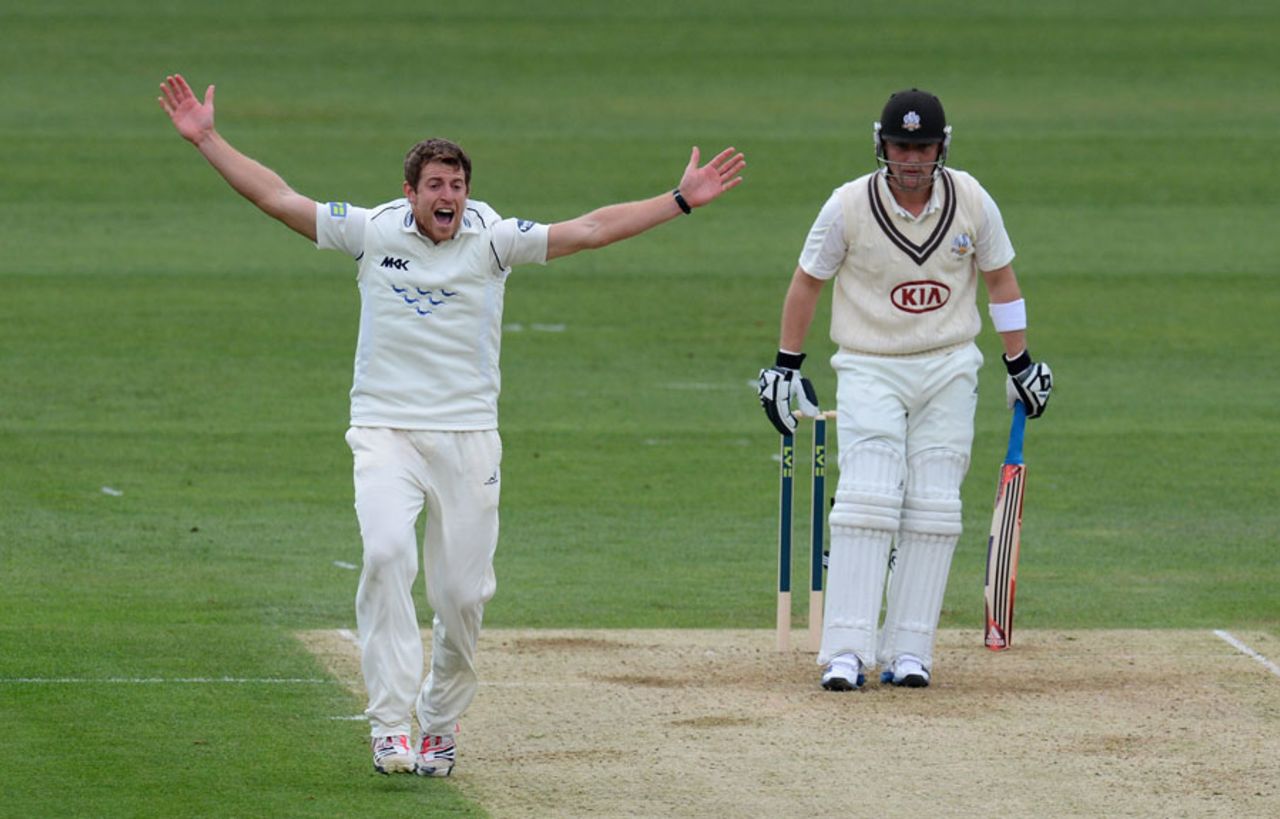 Rory Hamilton-Brown survives an lbw appeal by James Anyon, Surrey v Sussex, Oval, March, 5, 2012