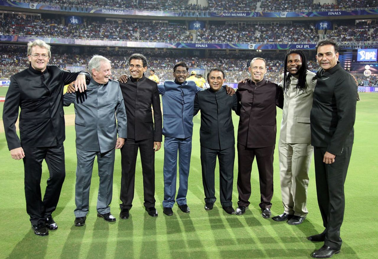 The IPL commentary team (from left): Mike Haysman, Robin Jackman, Harsha Bhogle, Laxman Sivaramakrishnan, Sunil Gavaskar, Danny Morrison, Pommie Mbangwa and Ravi Shastri, Mumbai, April 25, 2010