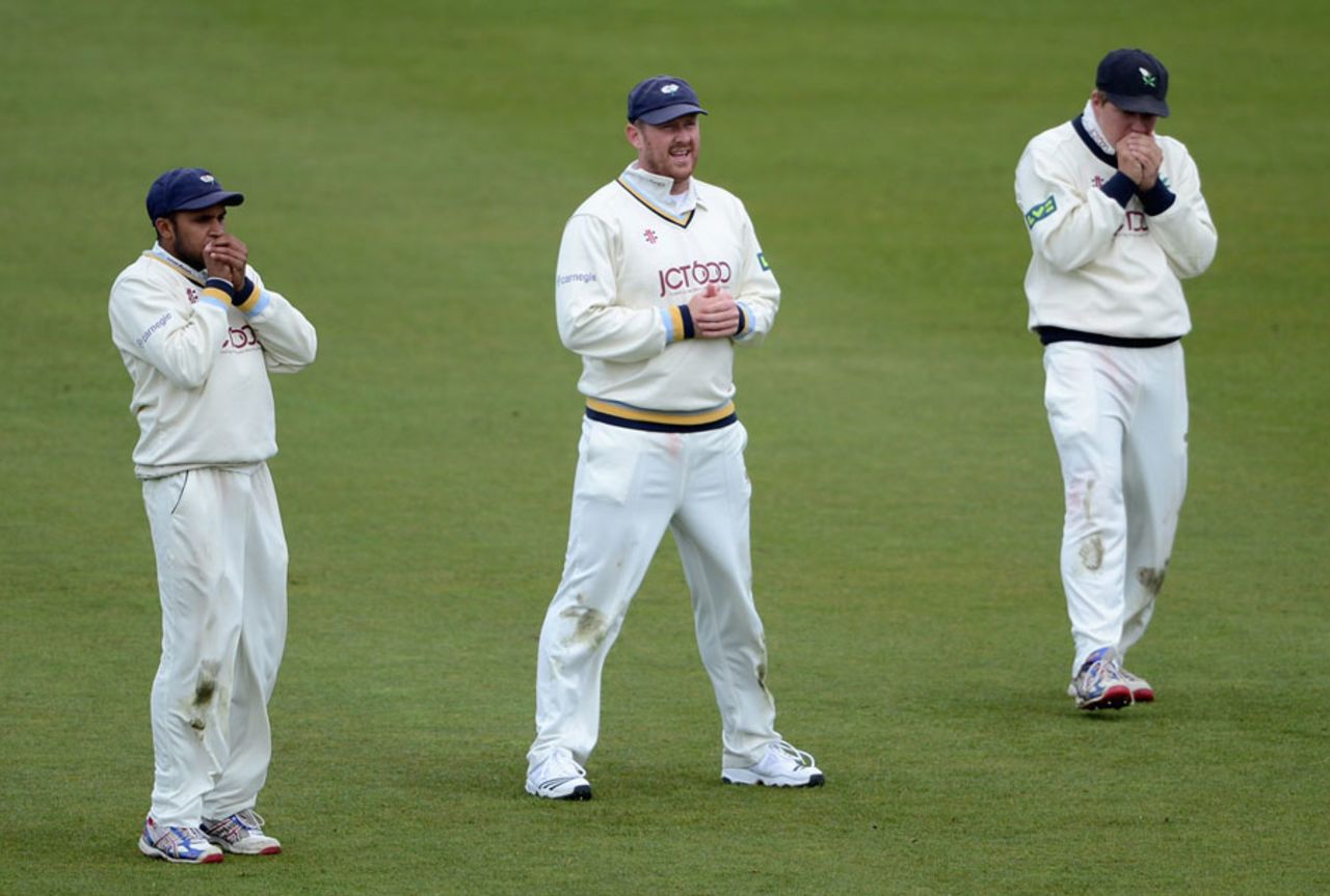 Adil Rashid, Anthony McGrath and Gary Ballance in the field, Yorkshire v Kent, County Championship, Headingley, 2nd day, April 6, 2012