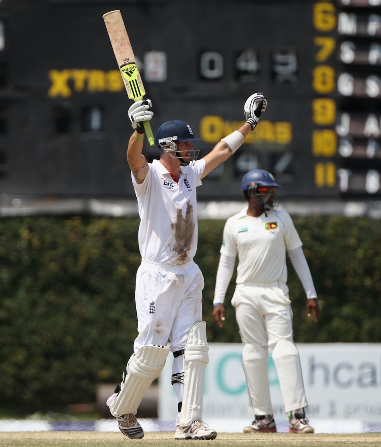 Kevin Pietersen celebrates after hitting the winning six, Sri Lanka v England, 2nd Test, Colombo, P Sara Oval, 5th day, April 7, 2012