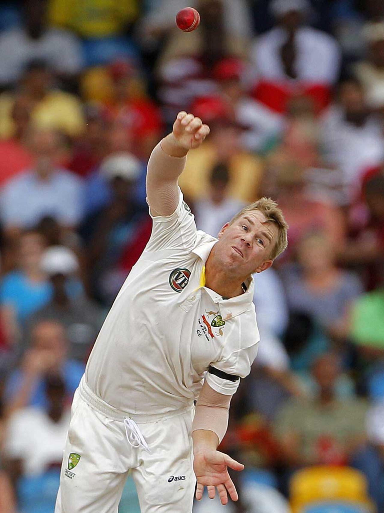 David Warner claimed the wicket of Kirk Edwards with his leg-spin, West Indies v Australia, 1st Test, Barbados, 1st day, April 7, 2012