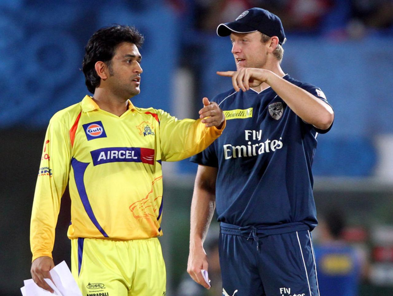MS Dhoni and Cameron White talk before the toss, Deccan Chargers v Chennai Super Kings, IPL, Visakhapatnam, April 7, 2012