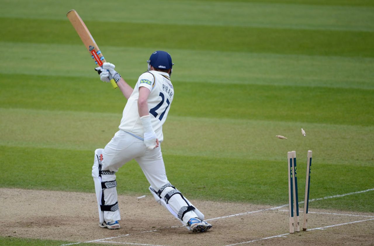 A one-handed Richard Pyrah is bowled, Yorkshire v Kent, Headingley, 4th Day, April, 8, 2012