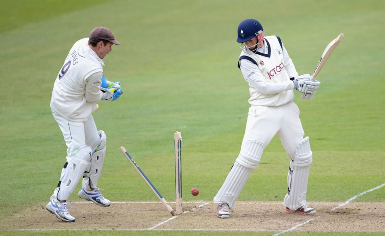 Joe Root is bowled by Adam Riley, Yorkshire v Kent, Headingley, 4th Day, April, 8, 2012