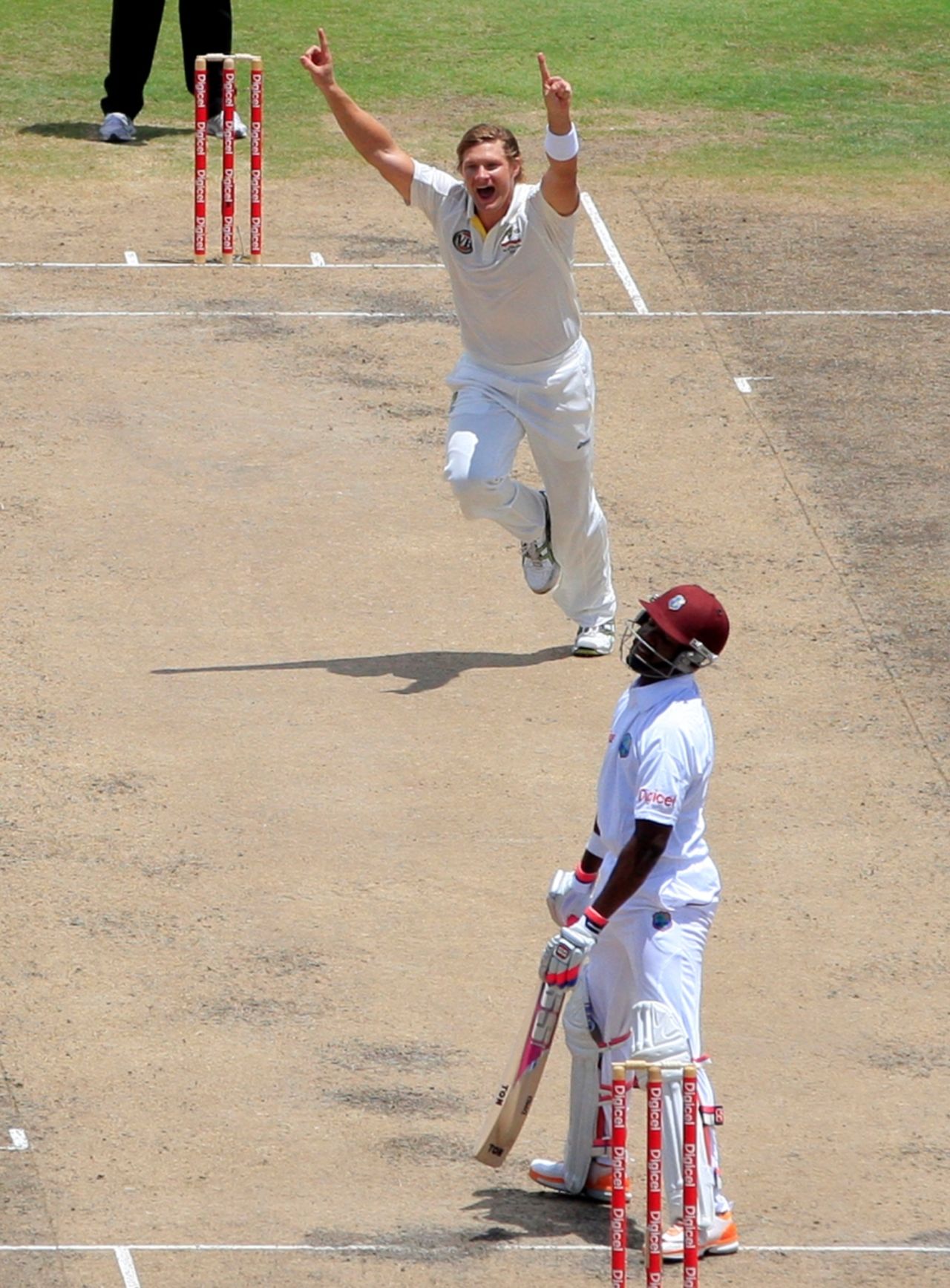 Shane Watson celebrates as Darren Bravo is caught at gully, West Indies v Australia, 1st Test, Barbados, 2nd day, April 8, 2012