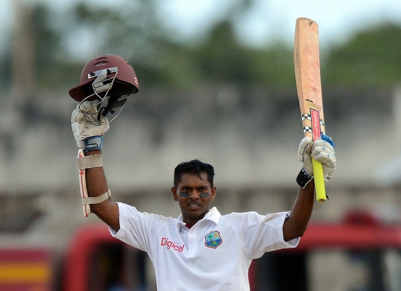 Shivnarine Chanderpaul celebrates his hundred, West Indies v Australia, 1st Test, Barbados, 2nd day, April 8, 2012