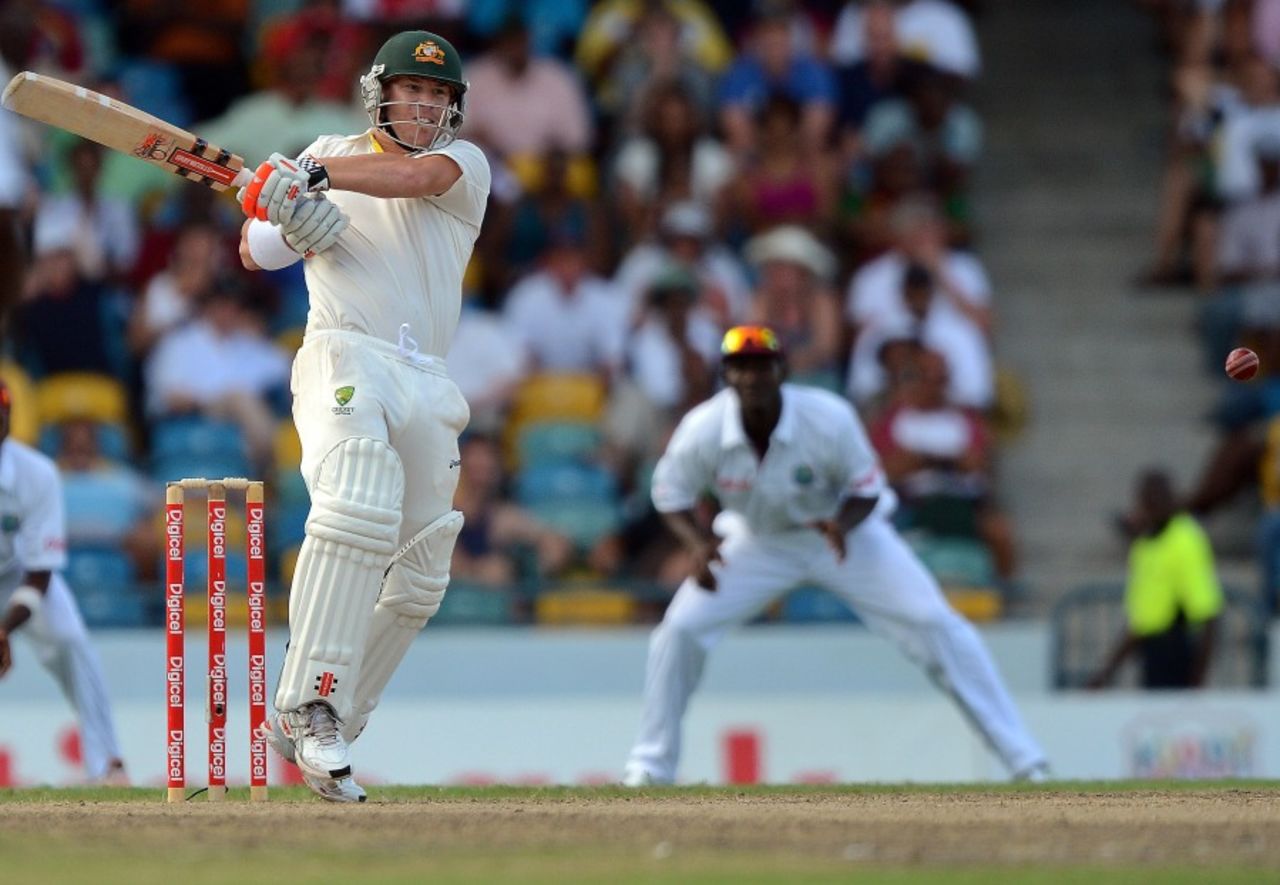 David Warner plays a pull, West Indies v Australia, 1st Test, Barbados, 2nd day, April 8, 2012