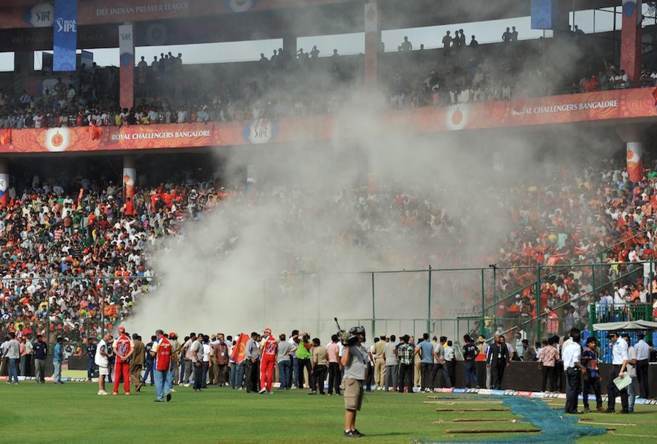 Smoke caused by a fire due to electrical short circuit, Royal Challengers Bangalore v Kolkata Knight Riders, IPL 2012, Bangalore, April 10, 2012