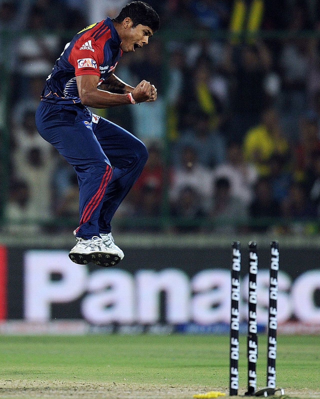 Umesh Yadav is delighted after bowling Dwayne Bravo, Delhi Daredevils v Chennai Super Kings, IPL 2012, Delhi, April 10, 2012