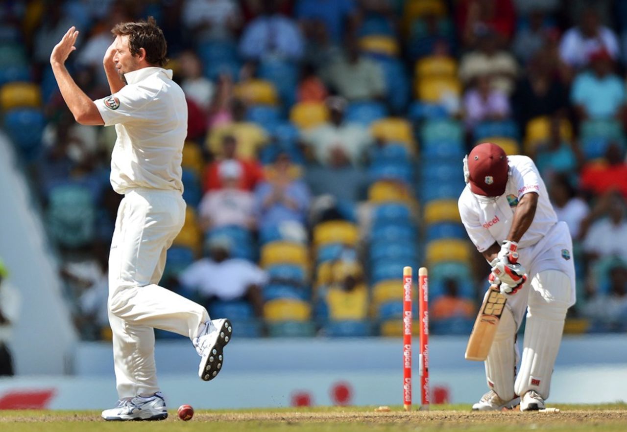 Ben Hilfenhaus bowled Adrian Barath in the third over of the innings, West Indies v Australia, 1st Test, Barbados, 4th day, April 10, 2012