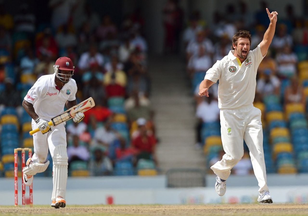 Ben Hilfenhaus has Kirk Edwards lbw, West Indies v Australia, 1st Test, Barbados, 4th day, April 10, 2012