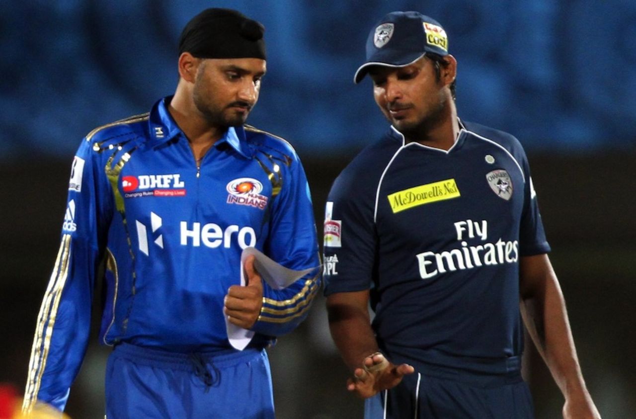 Harbhajan Singh and Kumar Sangakkara at the toss, Deccan Chargers v Mumbai Indians, IPL 2012, Visakhapatnam, April 9, 2012