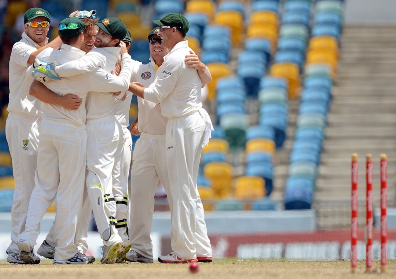 The Australians celebrate after Darren Sammy was bowled, West Indies v Australia, 1st Test, Barbados, 5th day, April 11, 2012