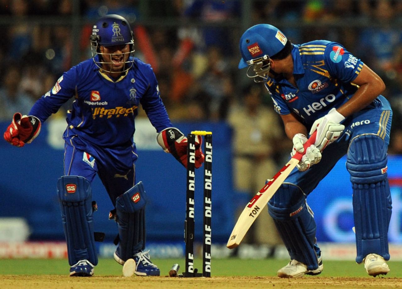 Rohit Sharma is bowled by Brad Hogg, Mumbai Indians v Rajasthan Royals, IPL, Mumbai, April 11, 2012