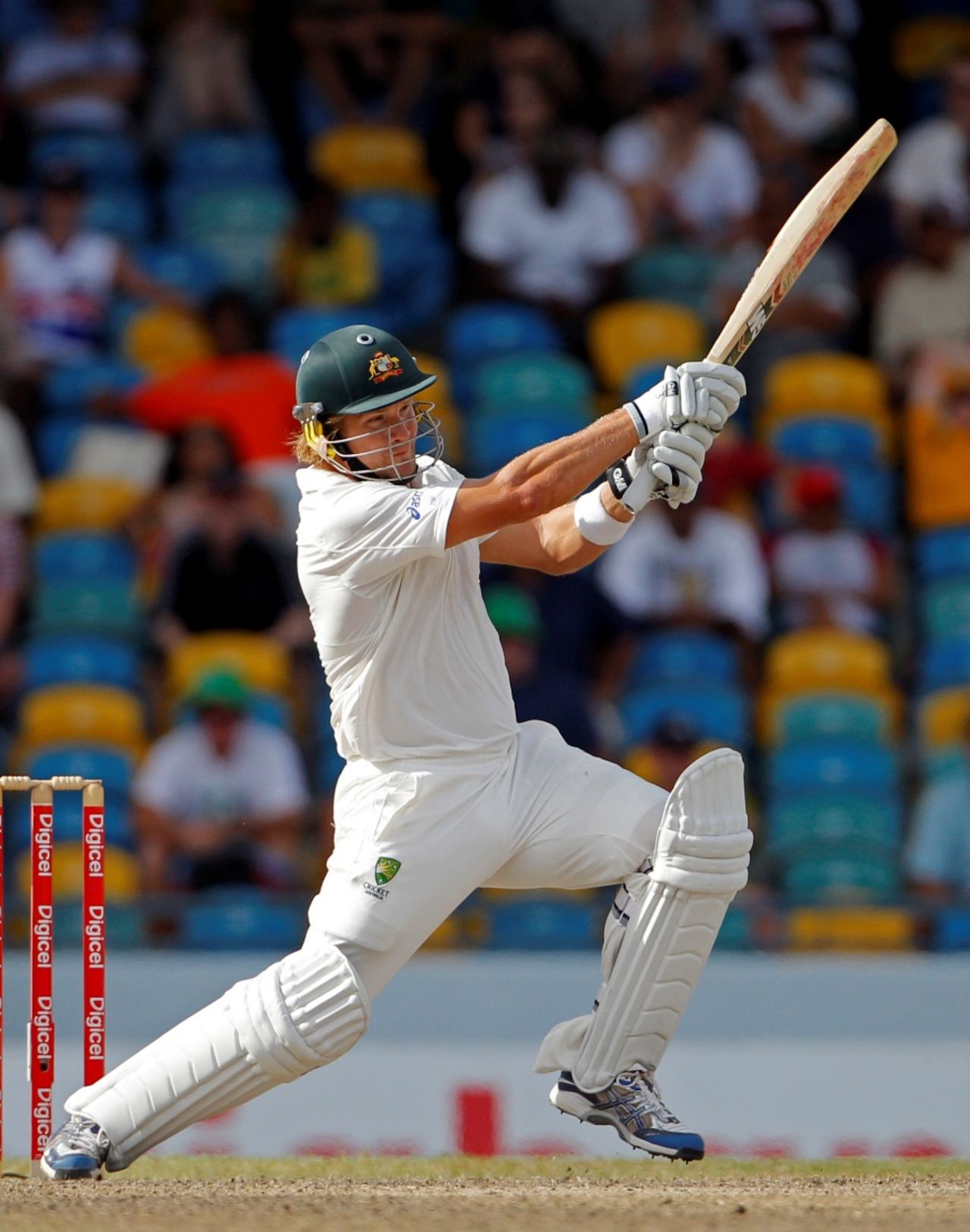 Shane Watson crunches the ball down the ground, West Indies v Australia, 1st Test, Barbados, 5th day, April 11, 2012
