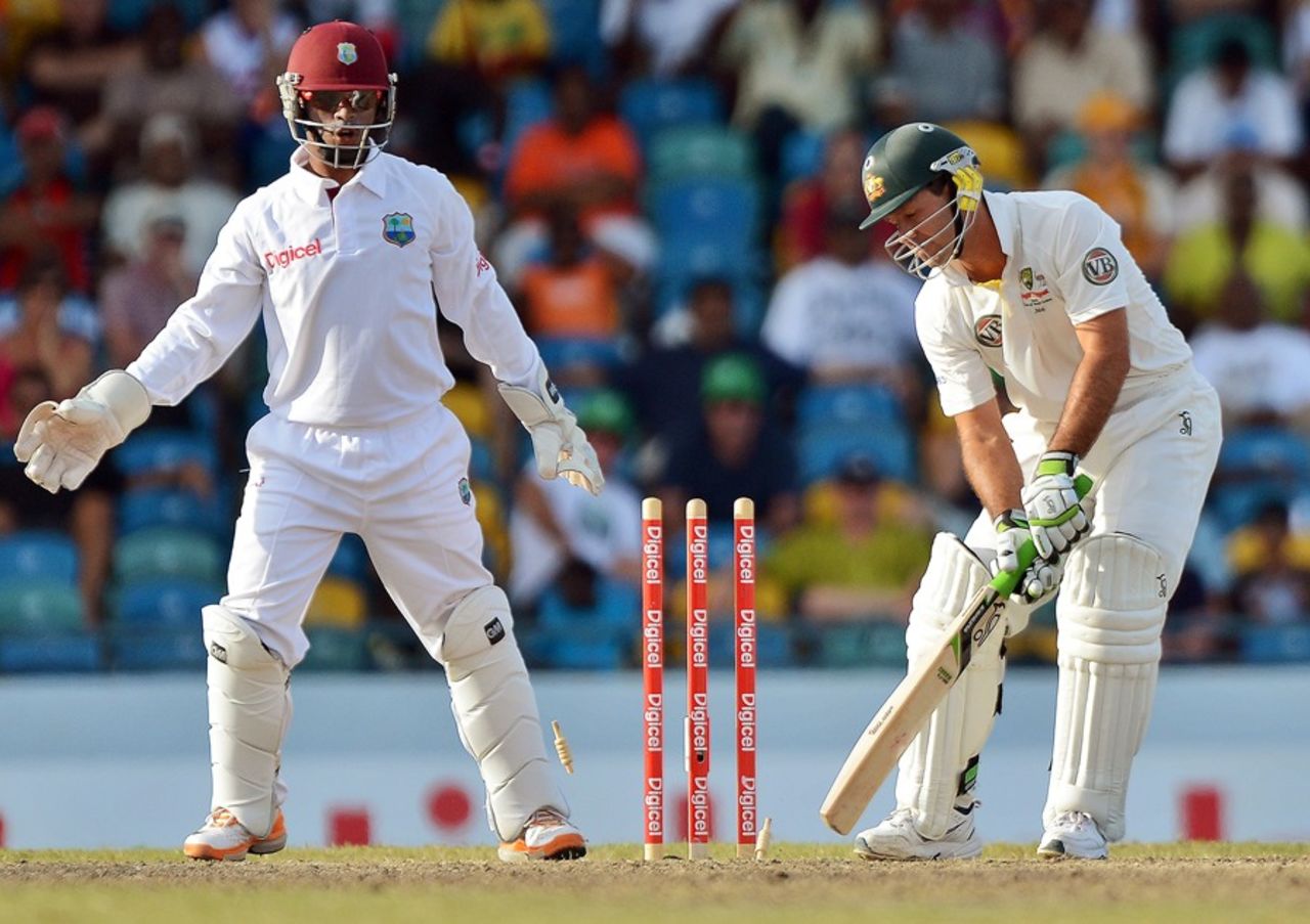 Ricky Ponting is bowled by Narsingh Deonarine, West Indies v Australia, 1st Test, Barbados, 5th day, April 11, 2012