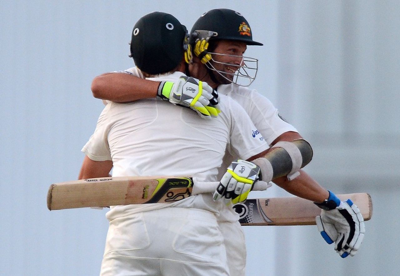 Ben Hilfenhaus and Ryan Harris celebrate the win, West Indies v Australia, 1st Test, Barbados, 5th day, April 11, 2012