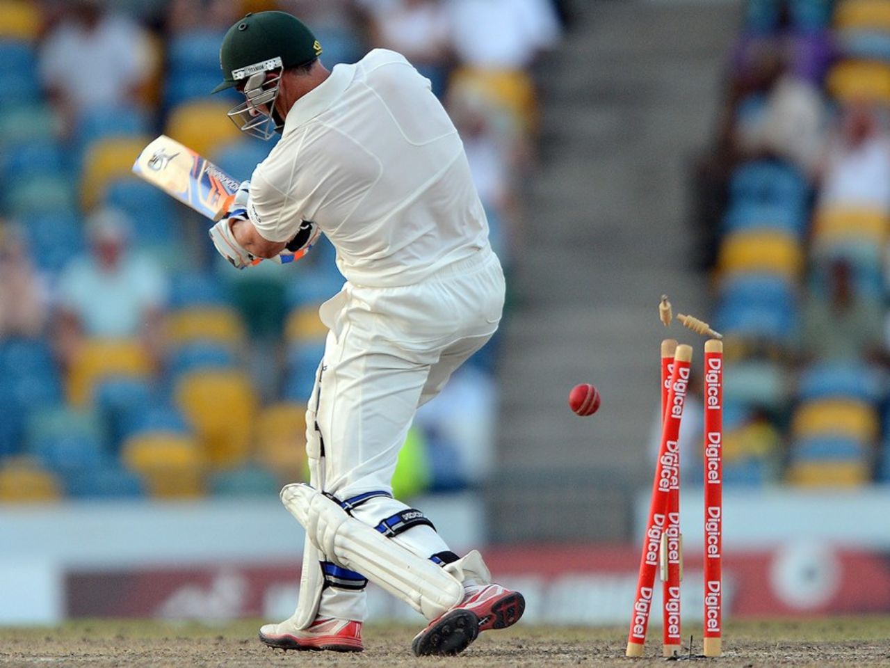 Michael Hussey was bowled with three runs still required, West Indies v Australia, 1st Test, Barbados, 5th day, April 11, 2012