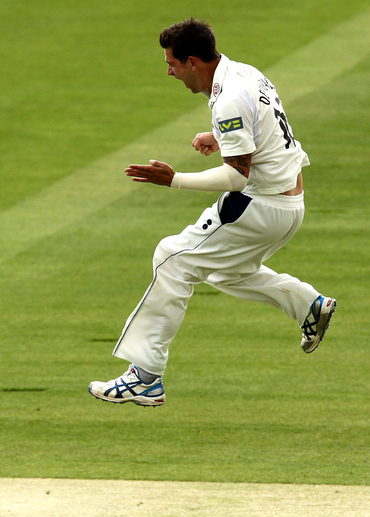 Jade Dernbach celebrates removing Chris Rogers, Middlesex v Surrey, County Championship, Division One, Lord's, April 12, 2012