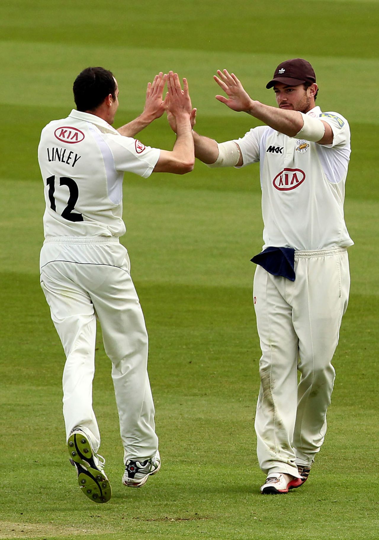 Tim Linley celebrates a wicket with team-mate Tom Maynard, Middlesex v Surrey, County Championship, Division One, Lord's, April 12, 2012