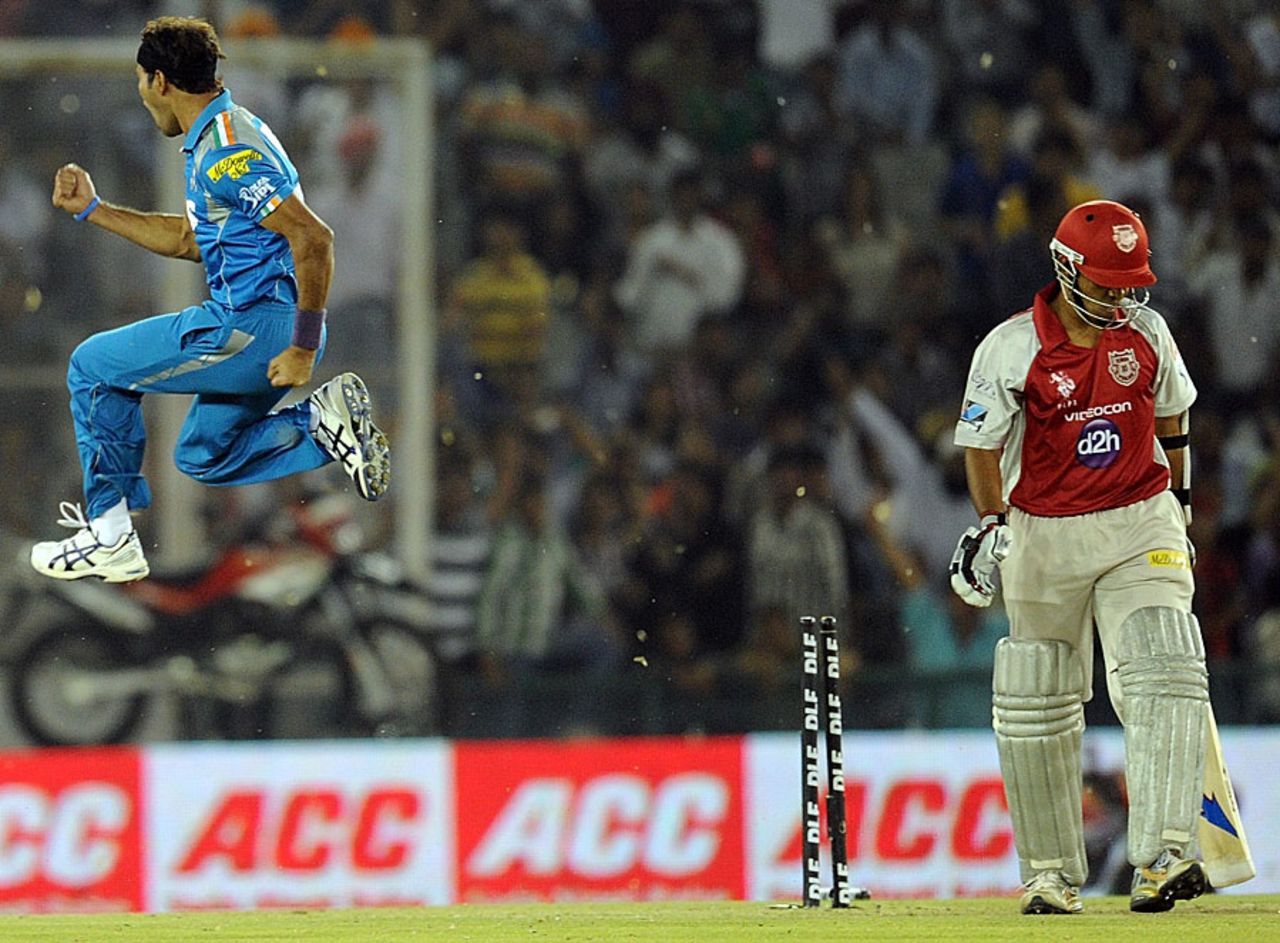 Ashok Dinda is delighted after bowling Paul Valthaty, Kings XI Punjab v Pune Warriors India, IPL, Mohali, April 12, 2012