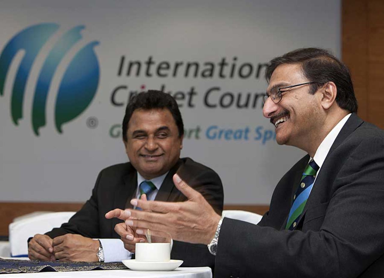 Mustafa Kamal and Zaka Ashraf at the ICC Executive Board Meeting, Dubai, April 15, 2012