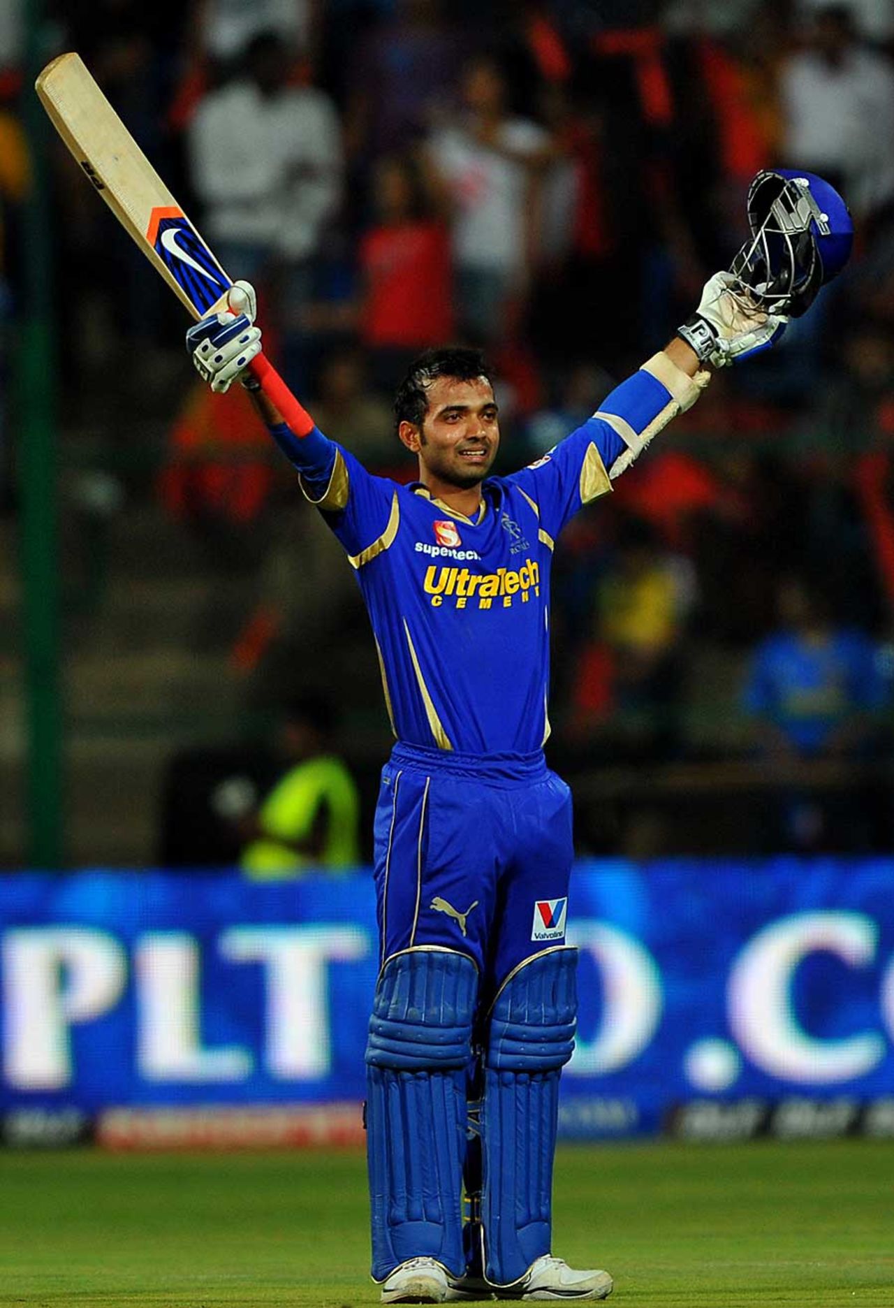 Ajinkya Rahane celebrates his ton, Royal Challengers Bangalore v Rajasthan Royals, IPL 2012, Bangalore, April 15, 2012
