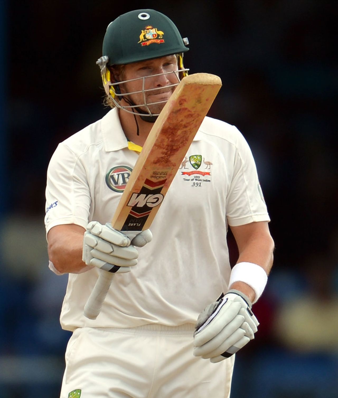 Shane Watson acknowledges his fifty, West Indies v Australia, 2nd Test, Port-of-Spain, April 15, 2012